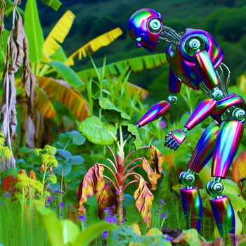 A medium sized robot with some cool colourful metal tending to a dying plant standing outside in a garden