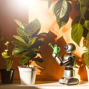 a small robot tending to house plants