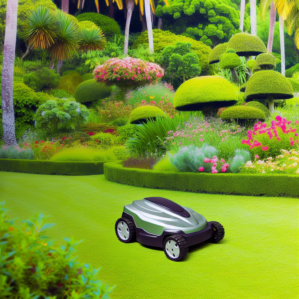 A lush, well-maintained garden with a robotic lawn